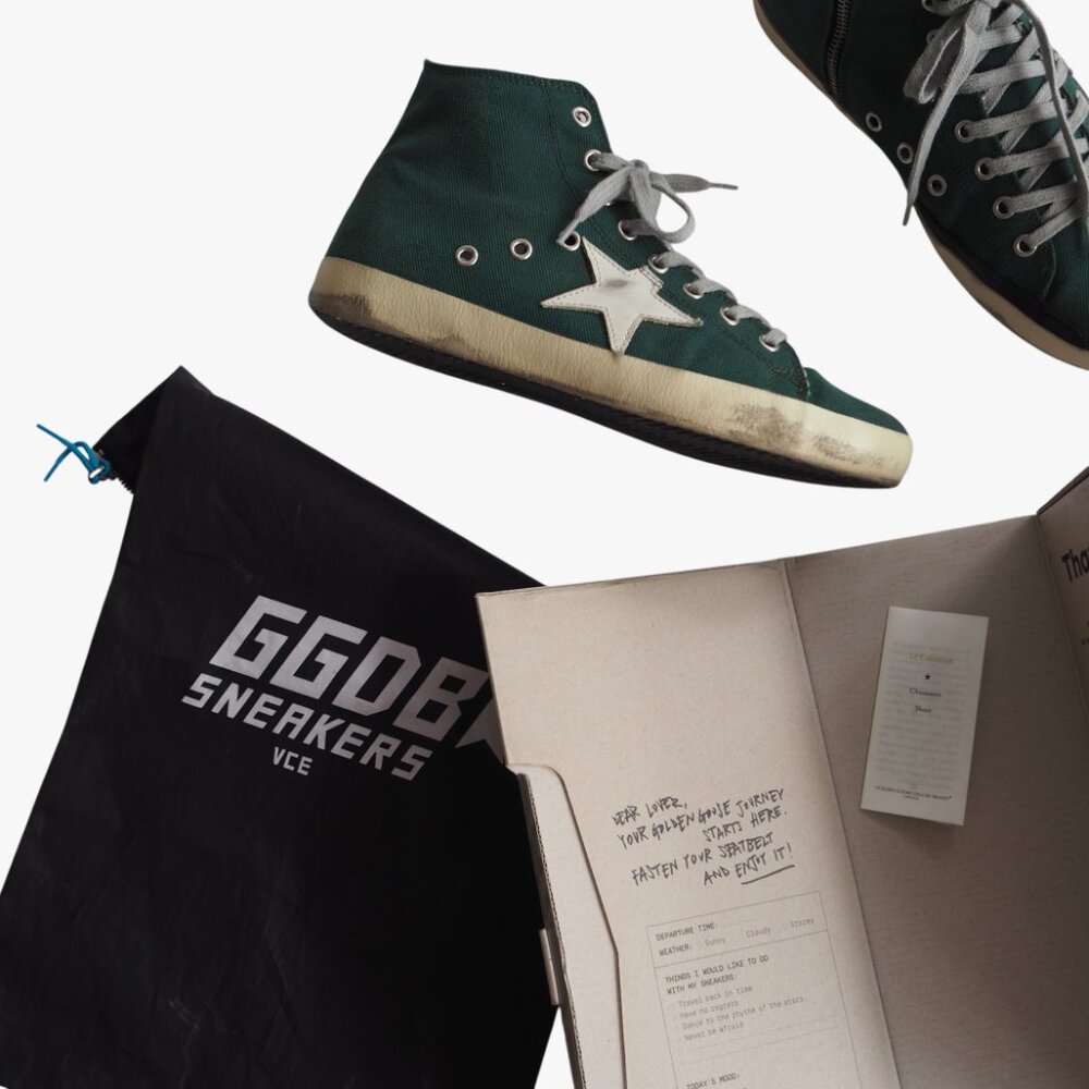 (RARE) GOLDEN GOOSE | CANVAS “FRANCY” GREEN WHITE HIGH TOP SNEAKERS - Picture 9 of 9
